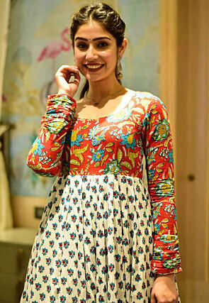 Digital Printed Cotton Flared Gown in Off White and Red