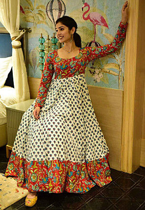 Digital Printed Cotton Flared Gown in Off White and Red