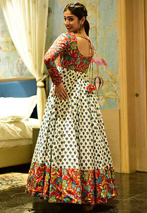 Digital Printed Cotton Flared Gown in Off White and Red