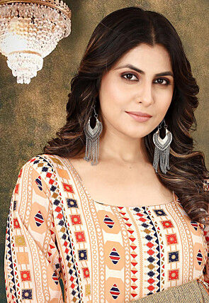 Digital Printed Cotton Flared Gown in Peach