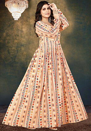 Digital Printed Cotton Flared Gown in Peach