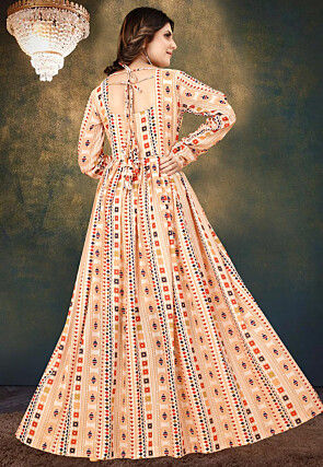 Digital Printed Cotton Flared Gown in Peach