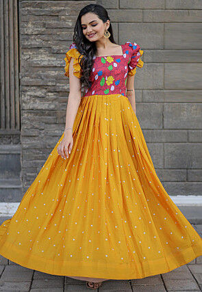 Digital Printed Cotton Flared Gown in Red and Mustard