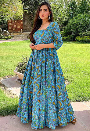 Digital Printed Cotton Flared Gown in Sky Blue