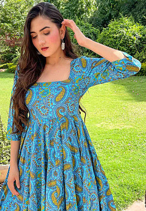 Digital Printed Cotton Flared Gown in Sky Blue