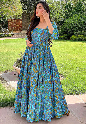 Digital Printed Cotton Flared Gown in Sky Blue
