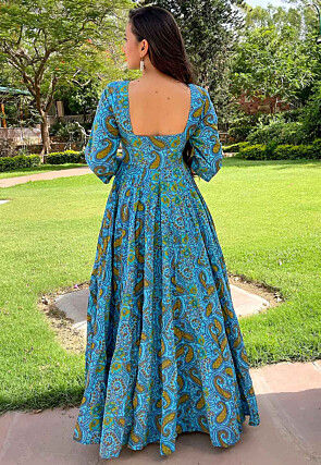 Digital Printed Cotton Flared Gown in Sky Blue