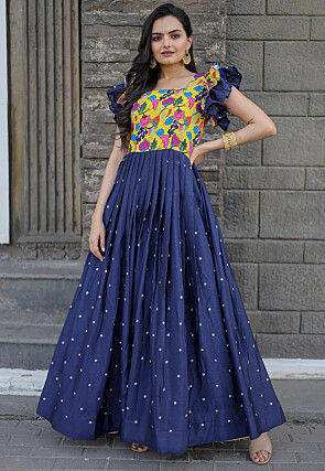 Digital Printed Cotton Flared Gown in Yellow and Blue