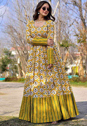 Digital Printed Cotton Flared Gown in Yellow