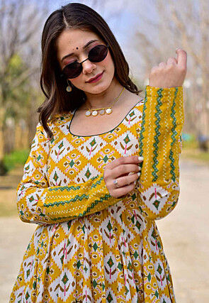 Digital Printed Cotton Flared Gown in Yellow