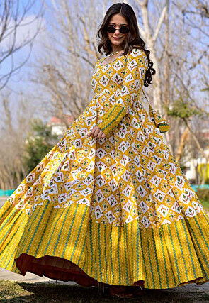 Digital Printed Cotton Flared Gown in Yellow