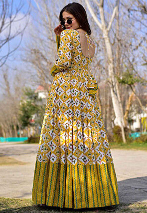 Digital Printed Cotton Flared Gown in Yellow