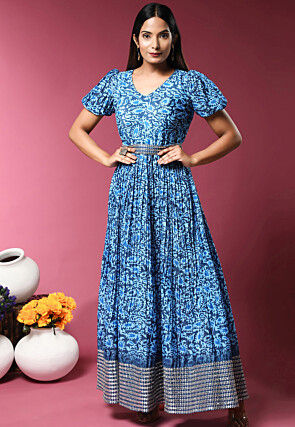 Digital Printed Cotton Gown in Blue