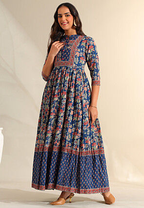knee length dresses for ladies Blue Printed Cotton Voile Maxi Dress main image 1