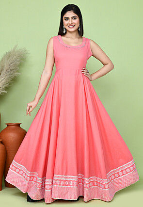 Digital Printed Cotton Gown in Peach