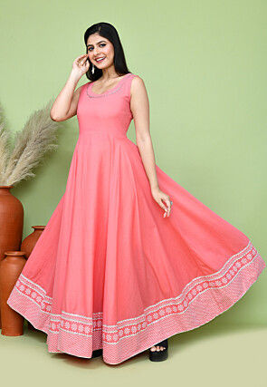 Digital Printed Cotton Gown in Peach