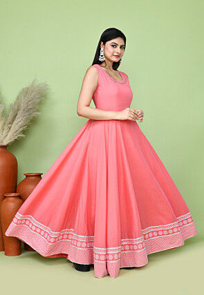 Digital Printed Cotton Gown in Peach