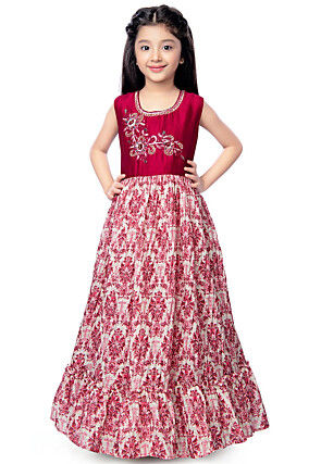 Digital Printed Cotton Gown in Pink and Off White