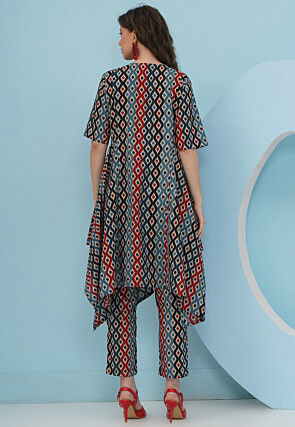 Digital Printed Cotton High Low Kurta Set in Multicolor