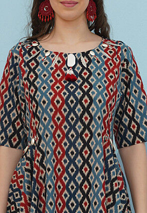 Digital Printed Cotton High Low Kurta Set in Multicolor