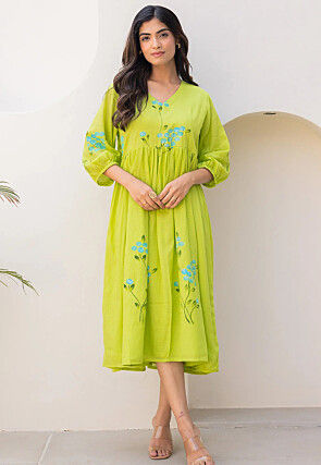Digital Printed Cotton Jacquard A Line Dress in Light Green