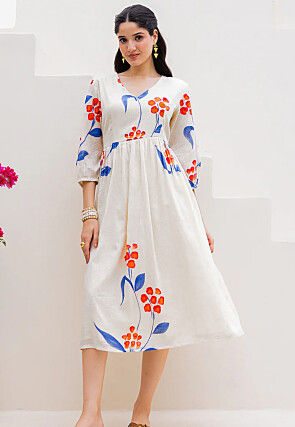 Digital Printed Cotton Jacquard A Line Dress in Off White