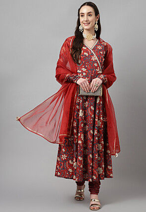 Digital Printed Cotton Jacquard Aline Suit in Maroon