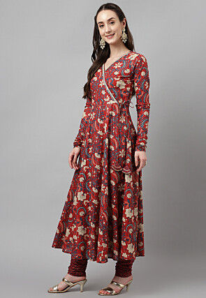 Digital Printed Cotton Jacquard Aline Suit in Maroon