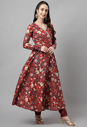 Digital Printed Cotton Jacquard Aline Suit in Maroon