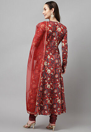 Digital Printed Cotton Jacquard Aline Suit in Maroon