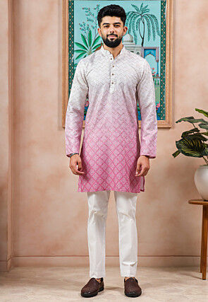 Digital Printed Cotton Jacquard Kurta Set in Pink Ombre