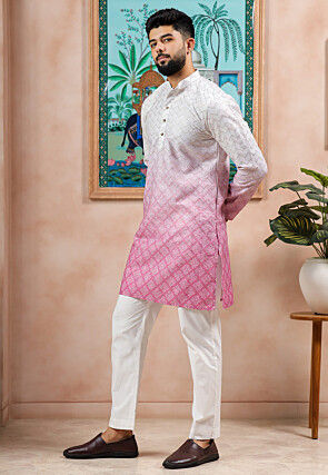Digital Printed Cotton Jacquard Kurta Set in Pink Ombre