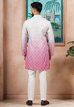 Digital Printed Cotton Jacquard Kurta Set in Pink Ombre