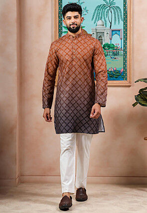 Digital Printed Cotton Jacquard Kurta Set in Shaded Rust and Brown