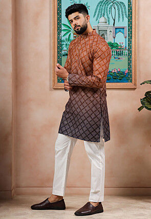 Digital Printed Cotton Jacquard Kurta Set in Shaded Rust and Brown