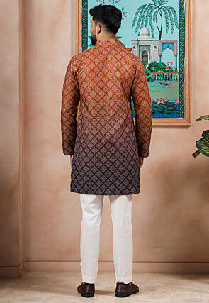 Digital Printed Cotton Jacquard Kurta Set in Shaded Rust and Brown