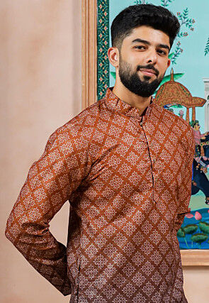 Digital Printed Cotton Jacquard Kurta Set in Shaded Rust and Brown