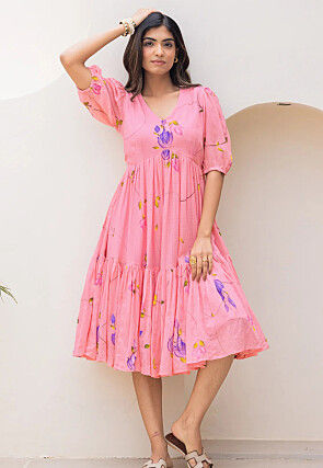Digital Printed Cotton Jacquard Tiered A Line Dress in Pink