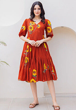 Digital Printed Cotton Jacquard Tiered A Line Dress in Rust