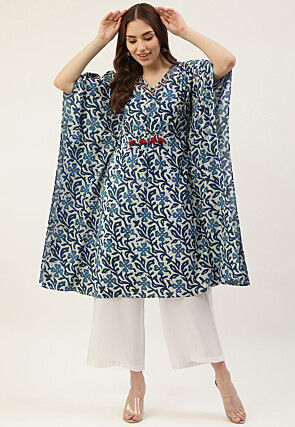 Digital Printed Cotton Kaftan in Off White and Blue