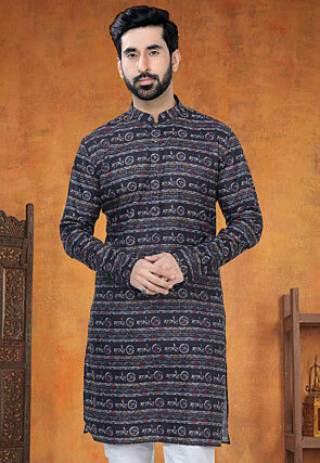 Digital Printed Cotton Kurta in Black