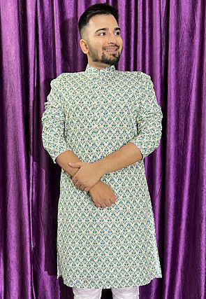 Digital Printed Cotton Kurta in Blue and White