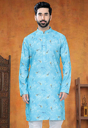 Digital Printed Cotton Kurta in Blue