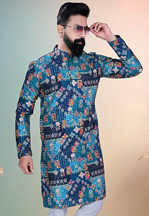 Digital Printed Cotton Kurta in Blue