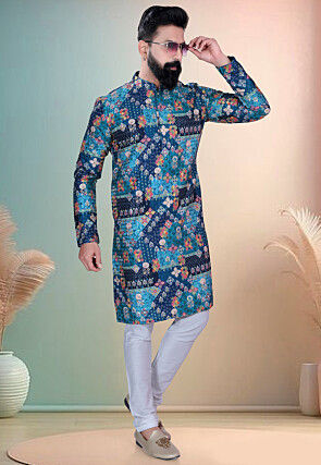 Digital Printed Cotton Kurta in Blue