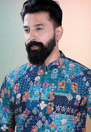 Digital Printed Cotton Kurta in Blue