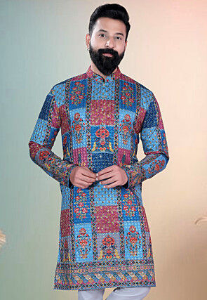 Digital Printed Cotton Kurta in Blue