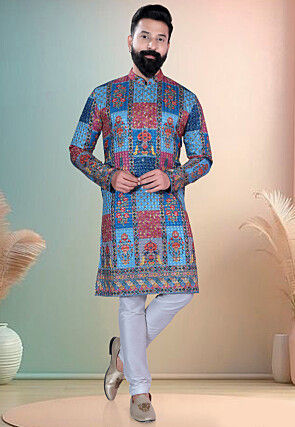 Digital Printed Cotton Kurta in Blue