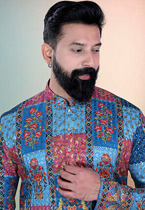 Digital Printed Cotton Kurta in Blue