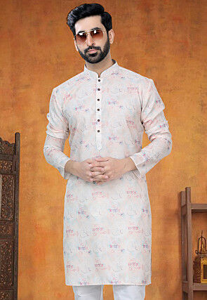 Digital Printed Cotton Kurta in Cream